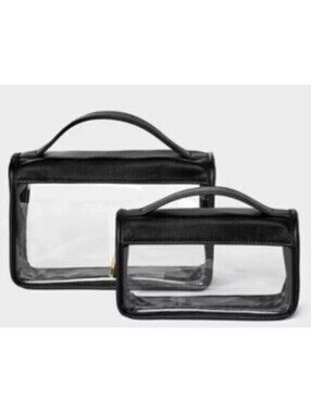 Clear Plastic Zipper Makeup Bag Set Handles Black Trim 2 Piece A New Day NWT $12